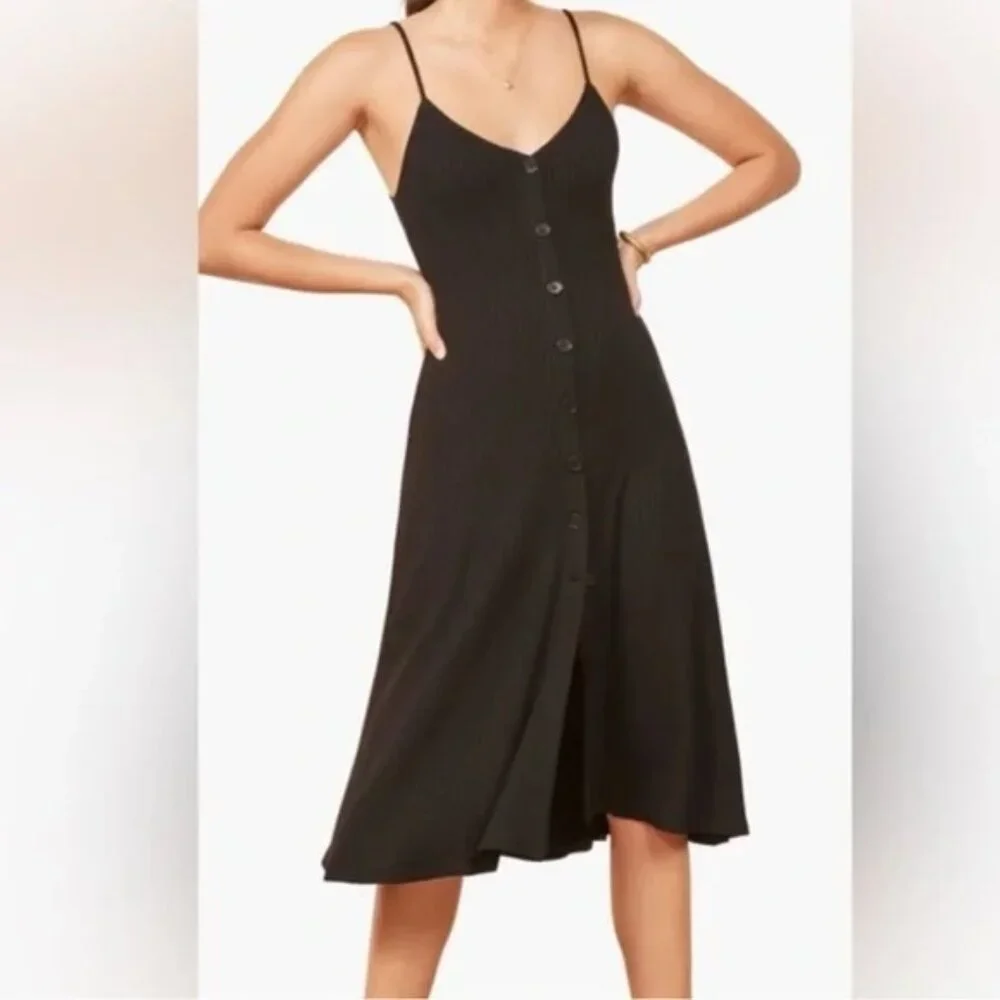 Reformation Ribbed Button Down Knit Midi Casey Dress in black - Picture 3 of 13